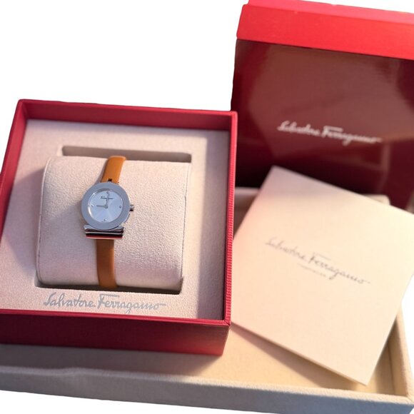 Salvatore Ferragamo Leather Strap Watch Tan/Silver – Boxed – Retail $400+ - Picture 2 of 4